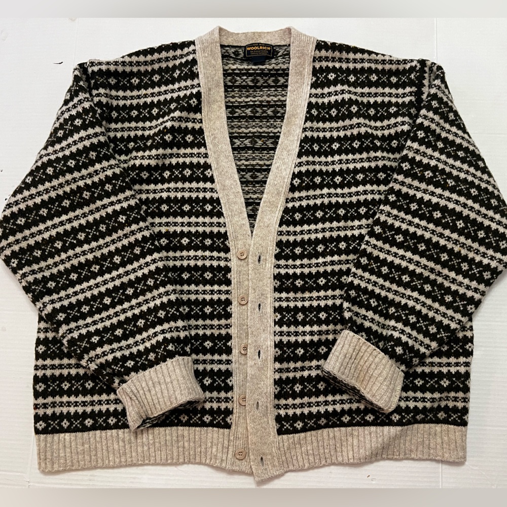 Woolrich fair isle button up dark green and Cream Geometric Cardigan